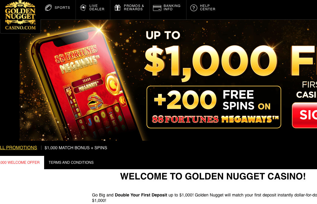 Golden Nugget bonus code : 100% up to $1,000 + 200 bonus spins 