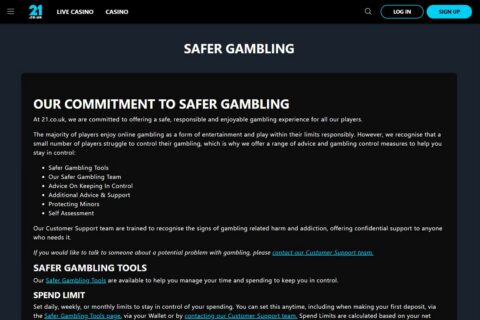 21.co.uk Casino ansvarsfullt spelande